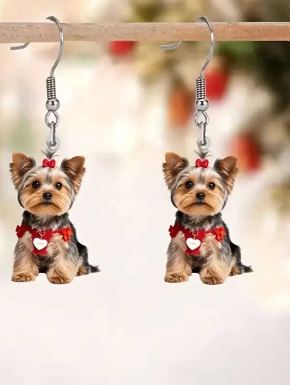 Hand Crafted 2D Flat Yorkie Dog Dangle Earrings in Red Accents